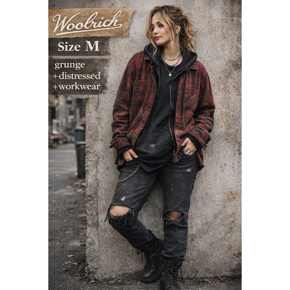 Woolrich Plaid Flannel Shirt Distressed Paint Splatter Grunge Workwear M - Picture 2 of 11